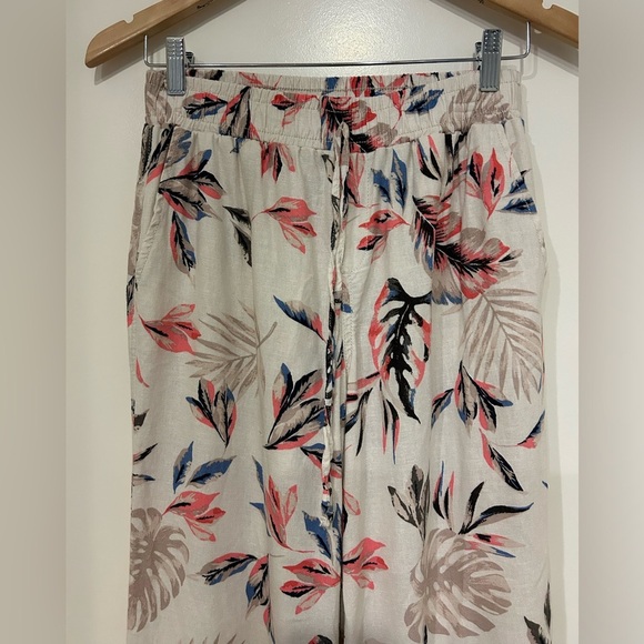 Briggs tropical floral print wide leg Linen blend pants pockets beige tan size S - Picture 4 of 10